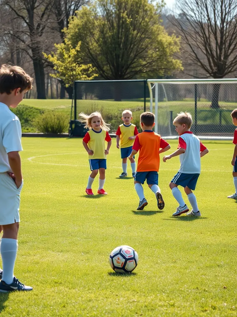 A dynamic image of children participating in a soccer clinic, showcasing teamwork and skill development under the guidance of a coach.
