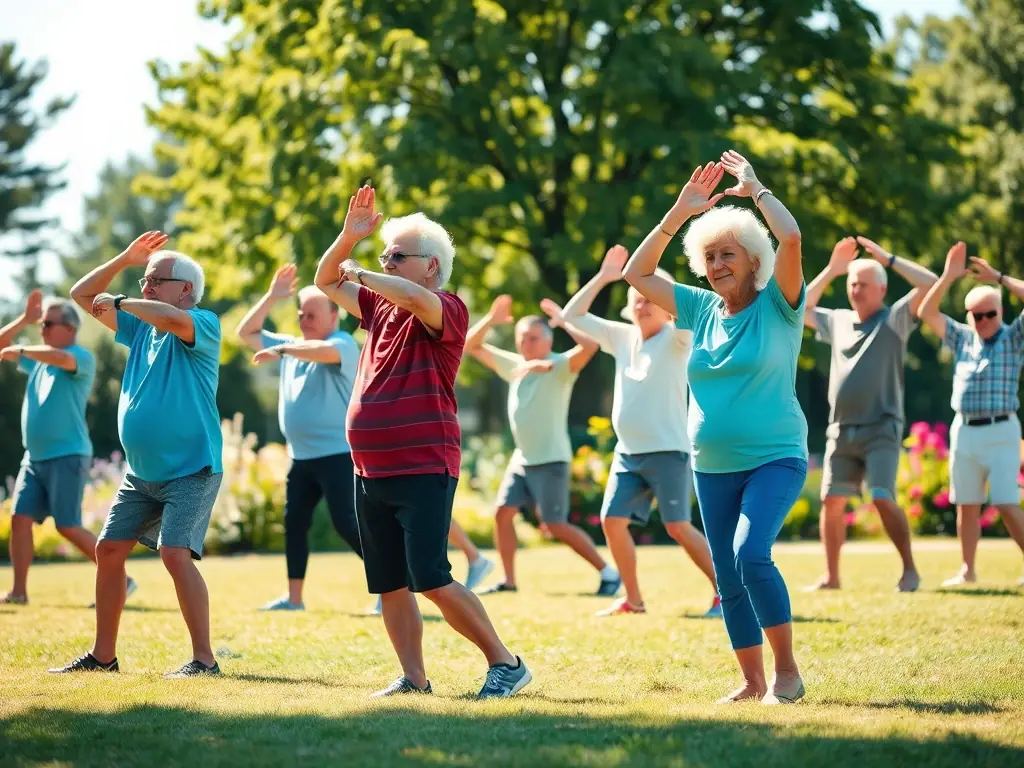 A photograph capturing senior citizens participating in a gentle exercise program in a park, with a focus on mobility, balance, and social interaction.