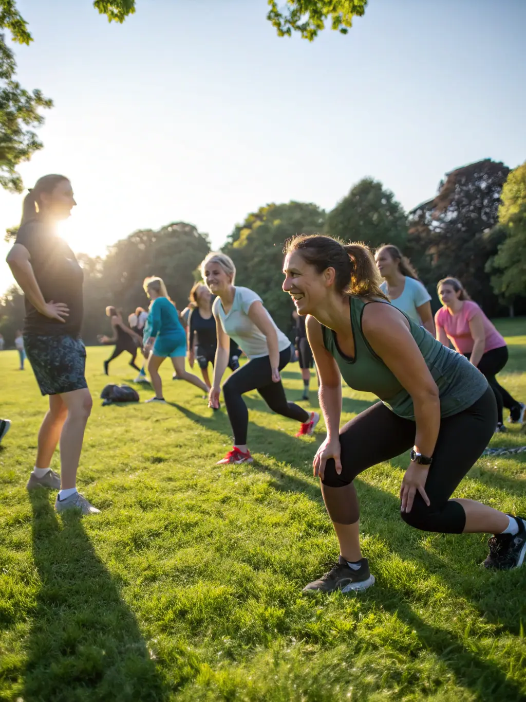 A group of adults participating in a fitness class in a park, emphasizing community engagement and healthy lifestyles.