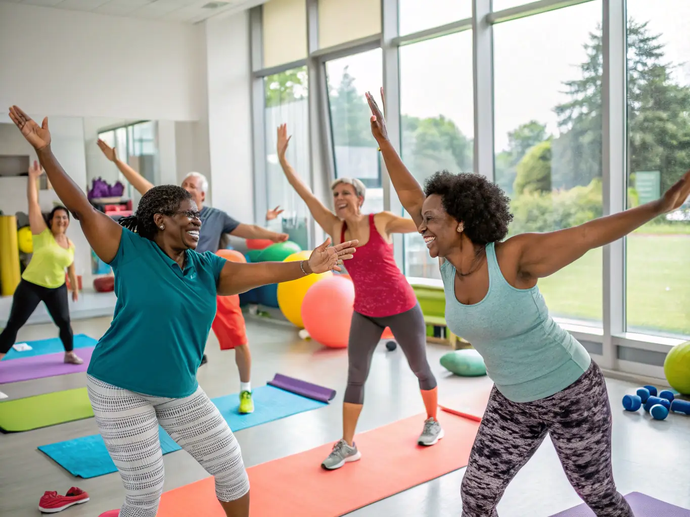 An image depicting a group of adults engaged in a fitness class in a community center, led by a certified instructor, with emphasis on inclusivity and participation.