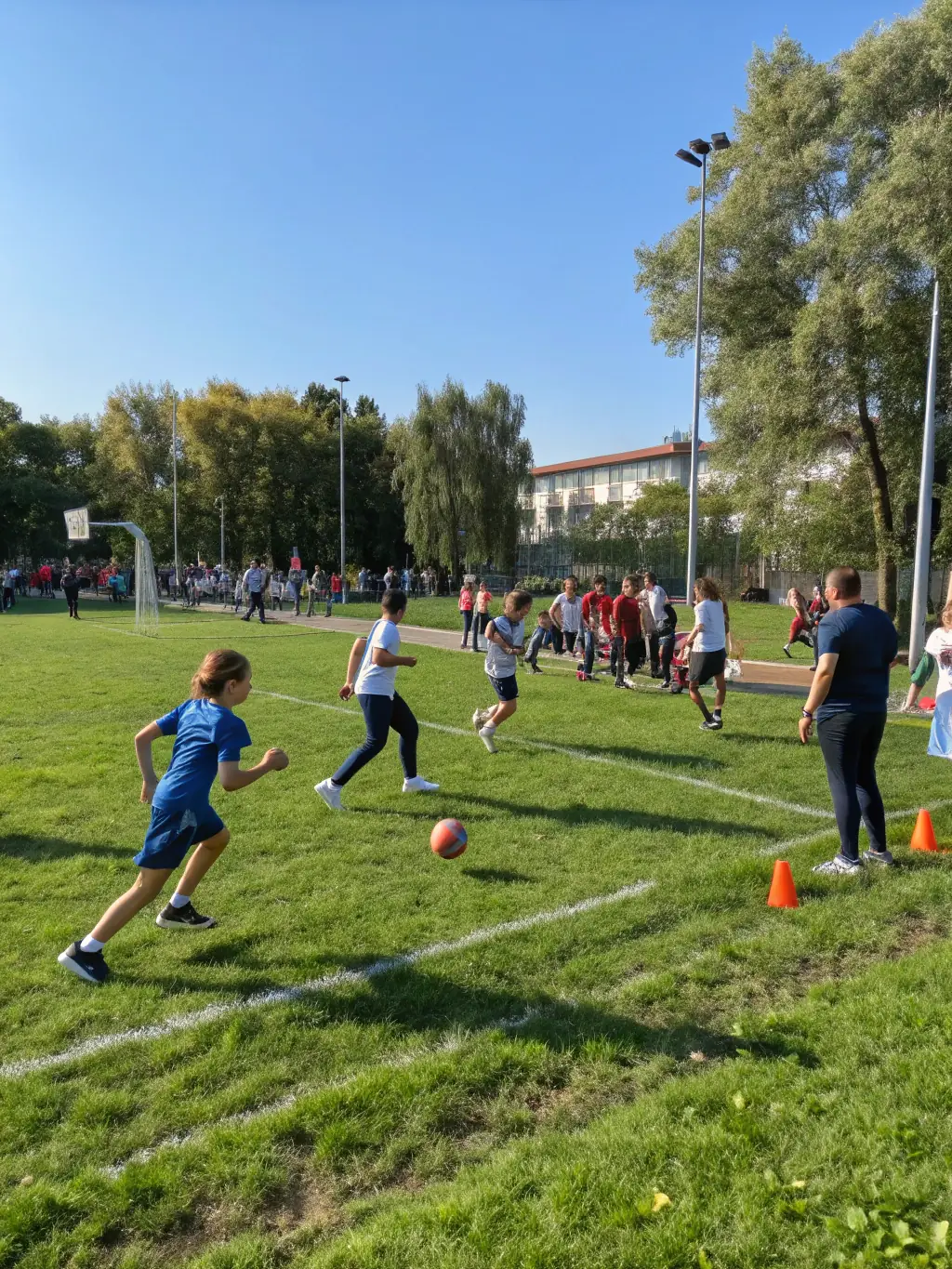A diverse group of people participating in a community sports day, showcasing the variety of activities and the inclusive nature of the event.