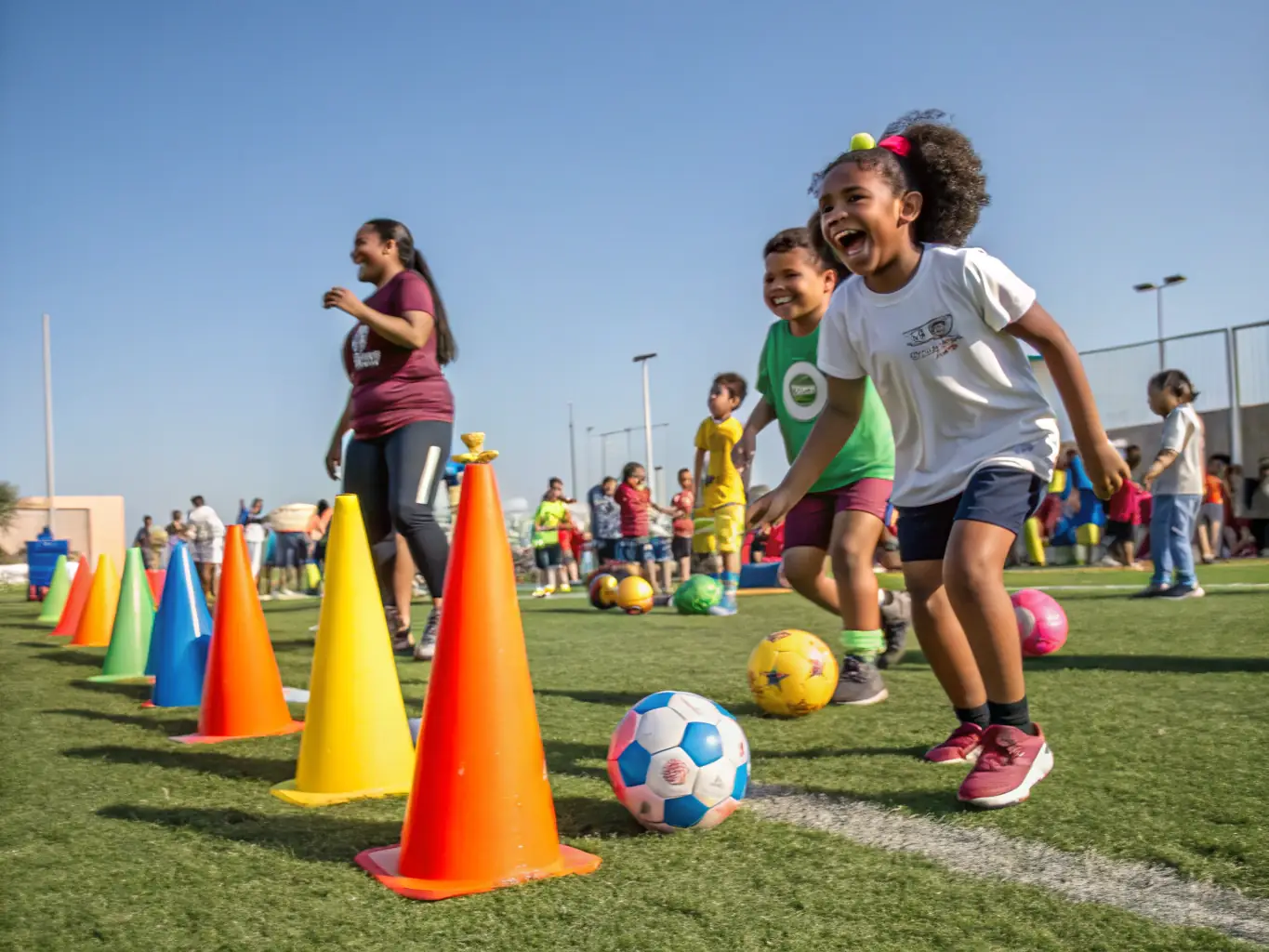 A vibrant image showcasing children participating in a soccer clinic, with coaches providing guidance and encouragement, set against a backdrop of a sunny, green sports field.